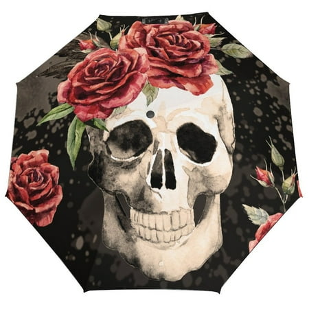 

ANYWAY.GO Windproof & Water-Resistant Compact Foldable Travel Umbrellatotes Watercolor Pattern Gothic Skull Red Portable Travel Umbrella，Diameter 42.5 in