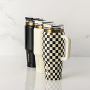 Thyme & Table 32 fl oz Stainless Steel Luna Tumbler with Handle and Dual Straw Lid, Cream & Black Check