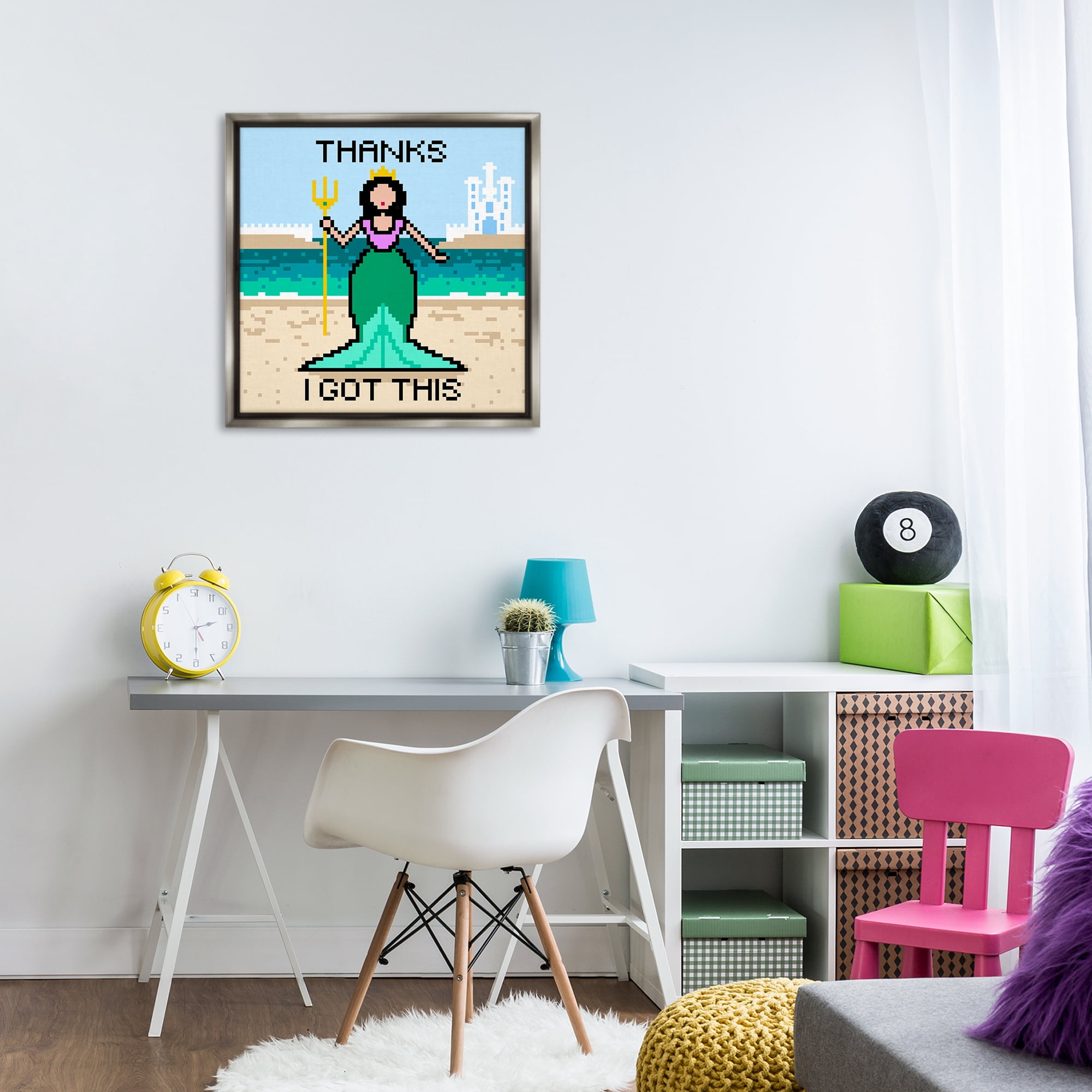 Stupell Industries I Got This Pixel Mermaid People Painting Gray Floater Framed Canvas Art Print Wall Art, 25 x 25