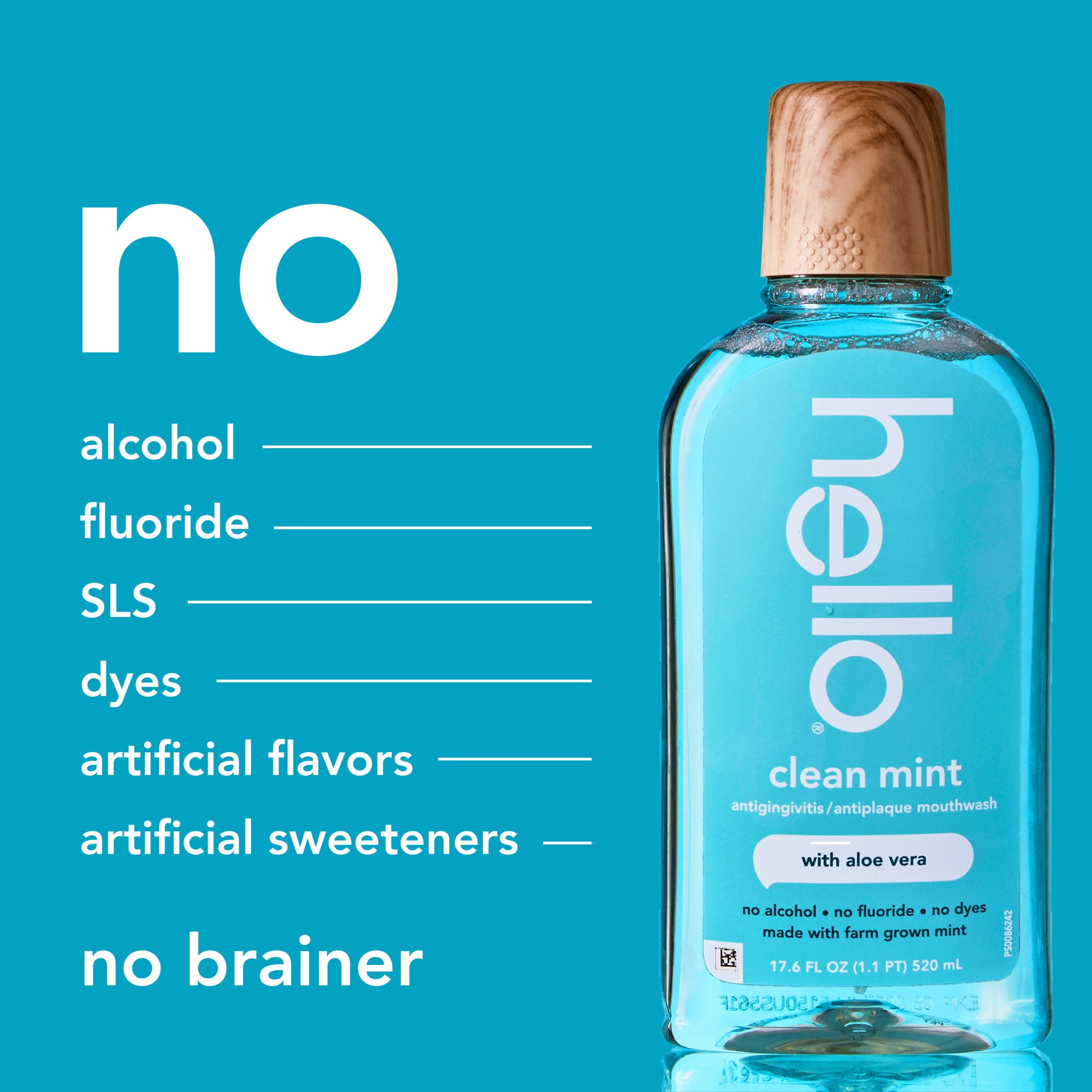 hello Clean Mint Alcohol Free Mouthwash with Aloe Vera, Fluoride Free Gum Mouthwash, 17.6 fl oz
