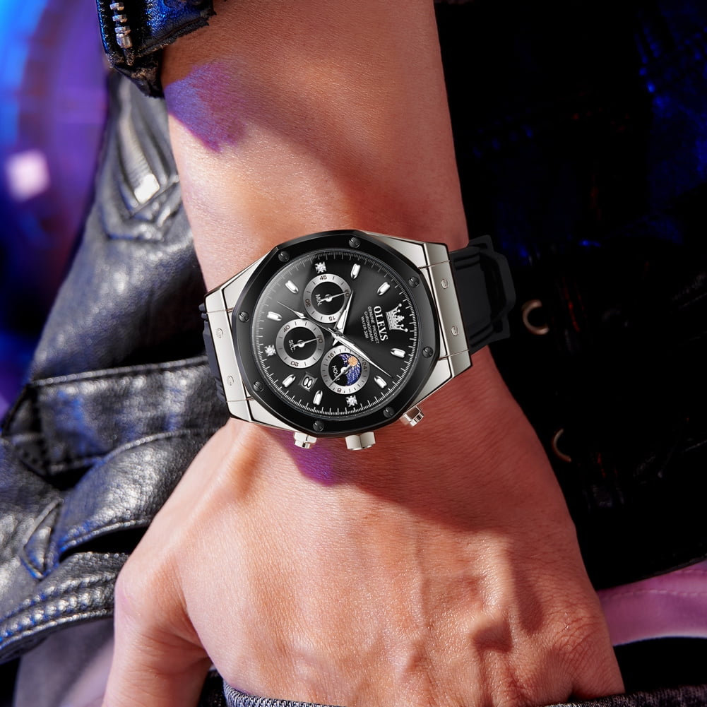 OLEVS Watches for Men Chronograph Waterproof Luxury Dress Quartz Silicon Strap Multifunction Moon Phase Business Calendar Luminous Men Wrist Watches Reloj Para Hombre Gray/Black/White