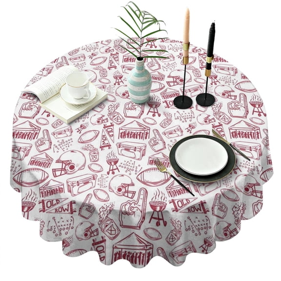 Red Football Event Elements Pattern Round Tablecloth 60"x60",Wrinkle Wipeable Table Cloth for Kitchen Dining Room Picnic Patio Party