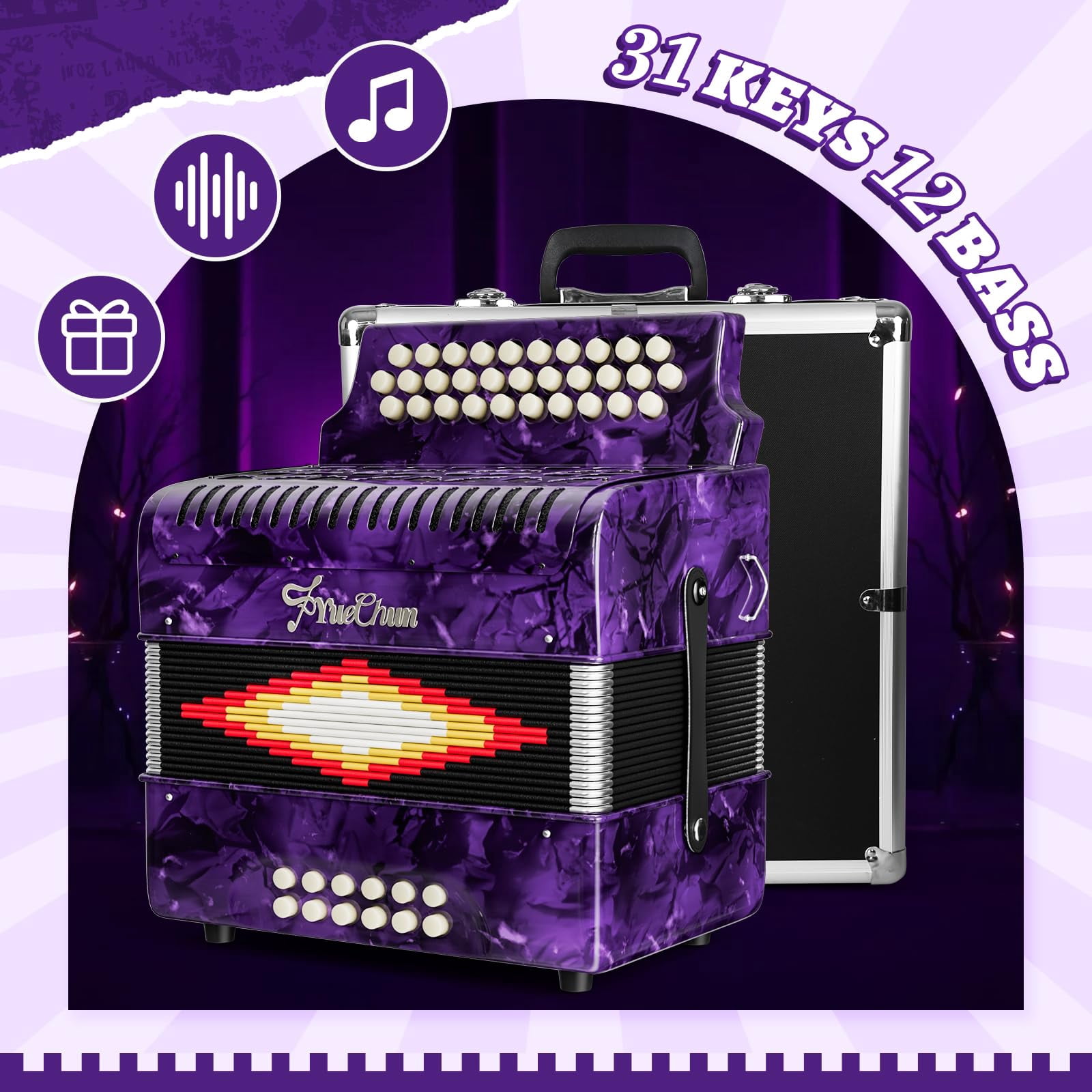 YueChun Accordion, 31 Keys 12 Bass G/C/F Diatonic Button Accordion , Portable Professional Button Accordion with Case (Purple)