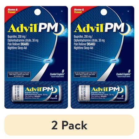 (2 pack) Advil PM Sleep Aid Pain Relievers, Ibuprofen, Diphenhydramine, Coated Caplet, 8 Count