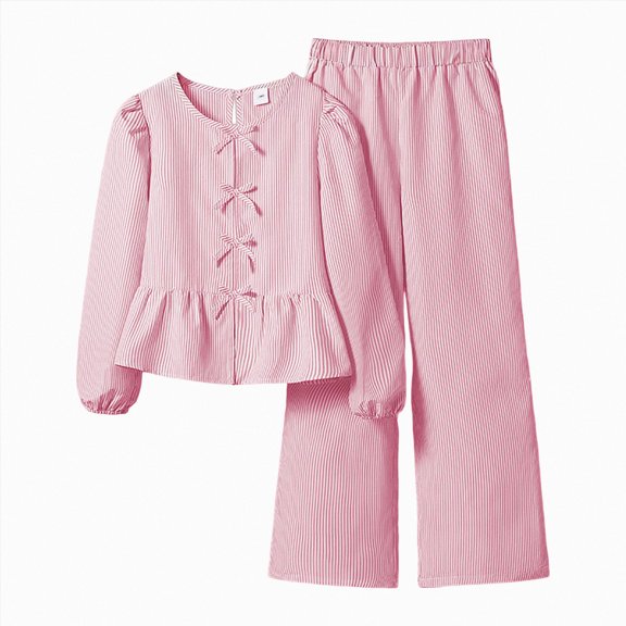mgoYE Girl's 2 Piece Fall Winter Outfits Bow Striped Long Sleeve Top and Wide Leg Pants Cute Clothing Sets(Pink,9-10 Years)