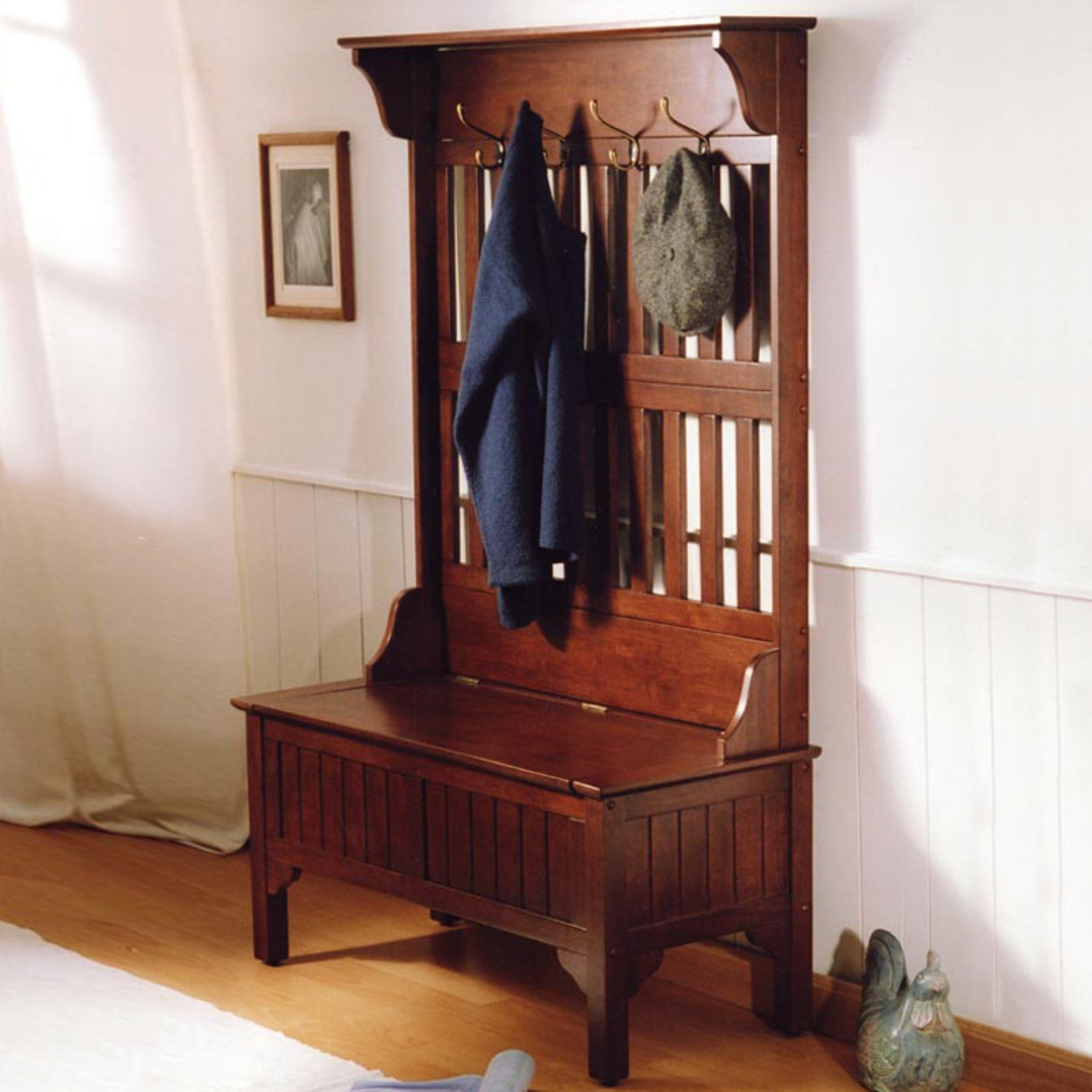 Homestyles Traditional 4Hook Hall Tree with Storage Bench, Cherry