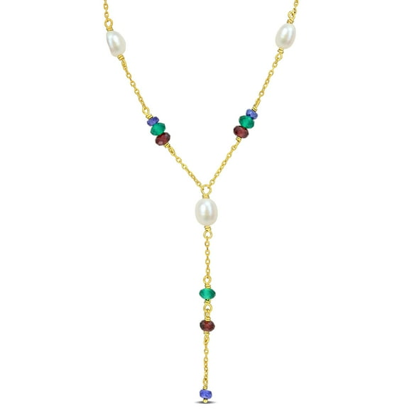 Everly Women's Garnet and Sapphire and Onyx Yellow Gold Plated Necklace