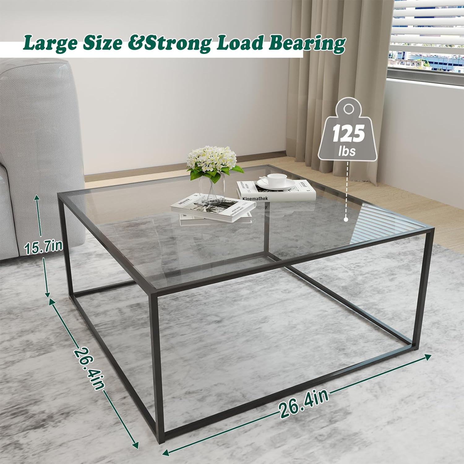 Square Glass Coffee Tables for Small Space Modern Center Table Sofa Side End Table for Living Room Home Office 26.7 x 26.7 x 15.7 Inches Gray Black Walmart