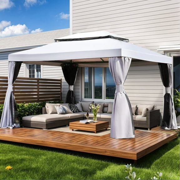IULULU 10’ x 13’ Outdoor Pavilion Gazebo, Mosquito Netting and Zippered Curtains