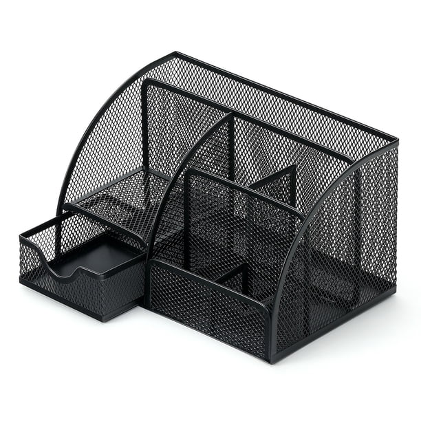 Organizador de escritorio de malla FloreceBien para oficina con 7 compartimentos, organizador multifuncional para cajones y escritorios, para caramelos y bolígrafos, 22 x 14 x 13 cm, color negro