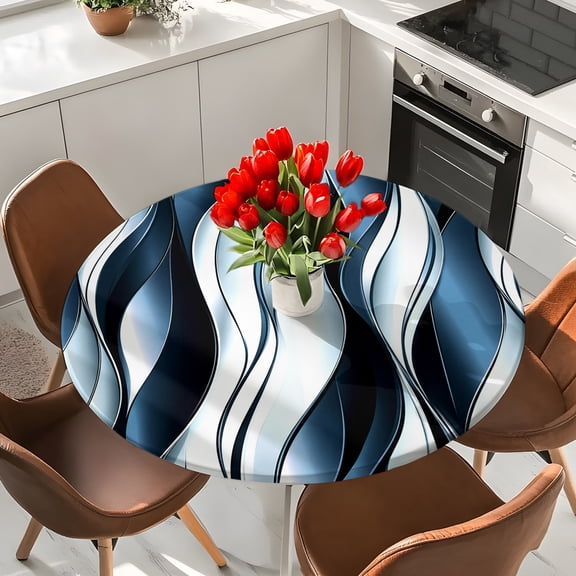 Abstract Line Elastic Fitted Round Tablecloth Navy Blue Ombre Waterproof Outdoor Table Cover for Holiday Party, Picnic, Patio & Dining Fits Tables Up to 36"-44"