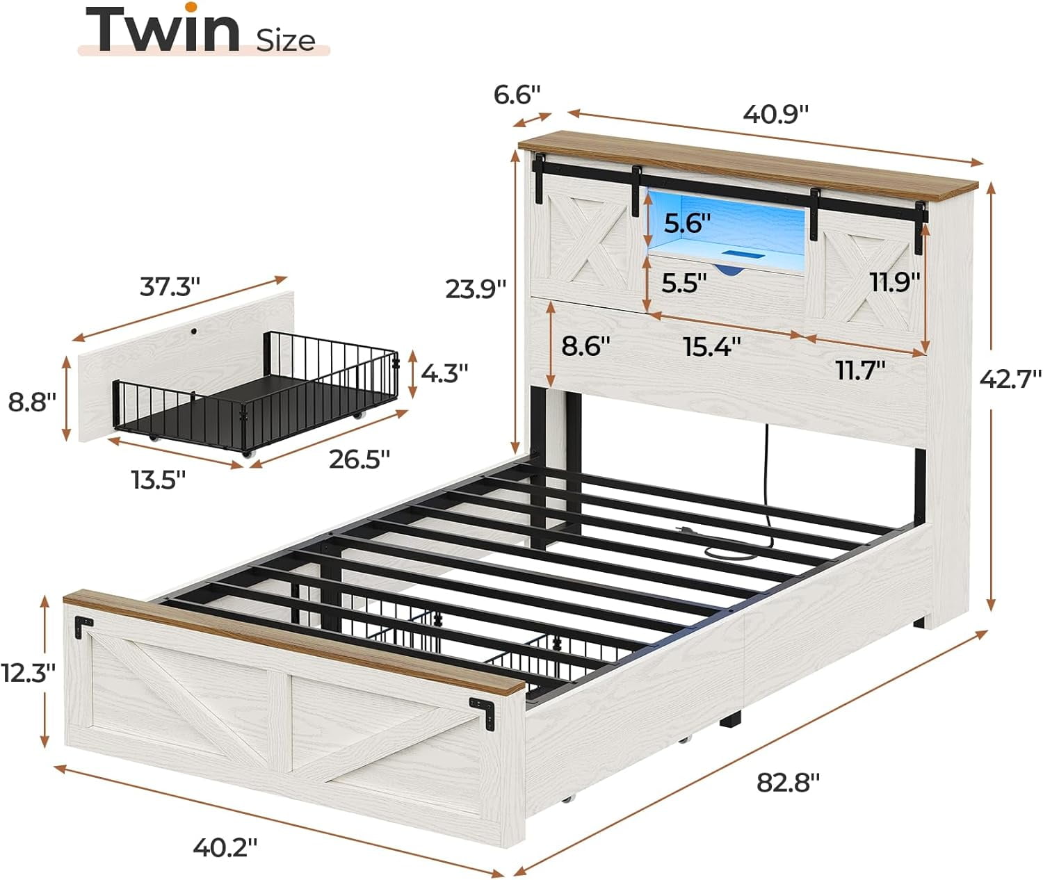 Farmhouse Bed Frame Twin Size with LED Lights and Charging Station, Twin Storage Platform Bed Frame with Headboard and Drawers, No Box Spring Needed, White