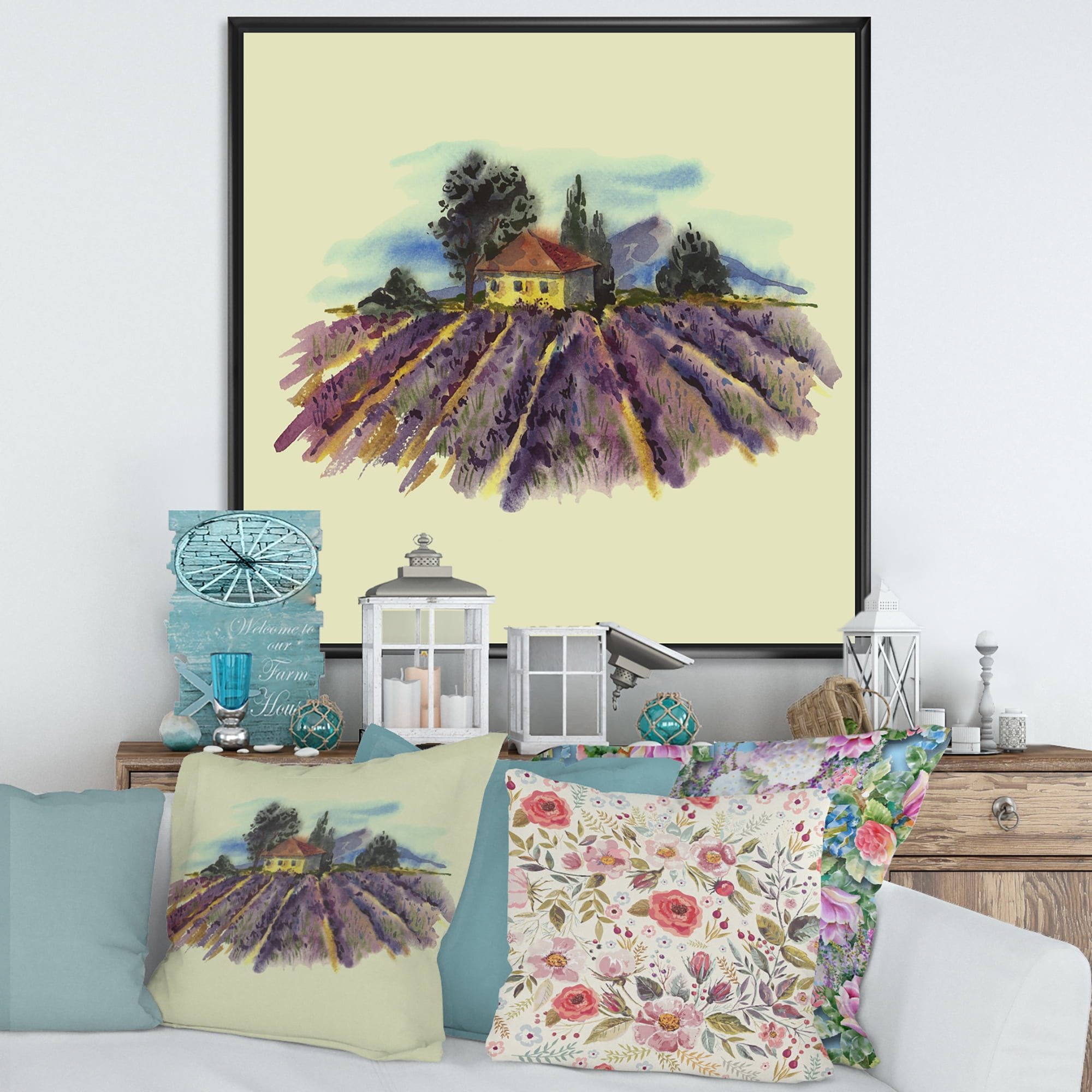 Designart 'Landscape With Blooming Lavender and Village House' Traditional Framed Canvas Wall Art Print