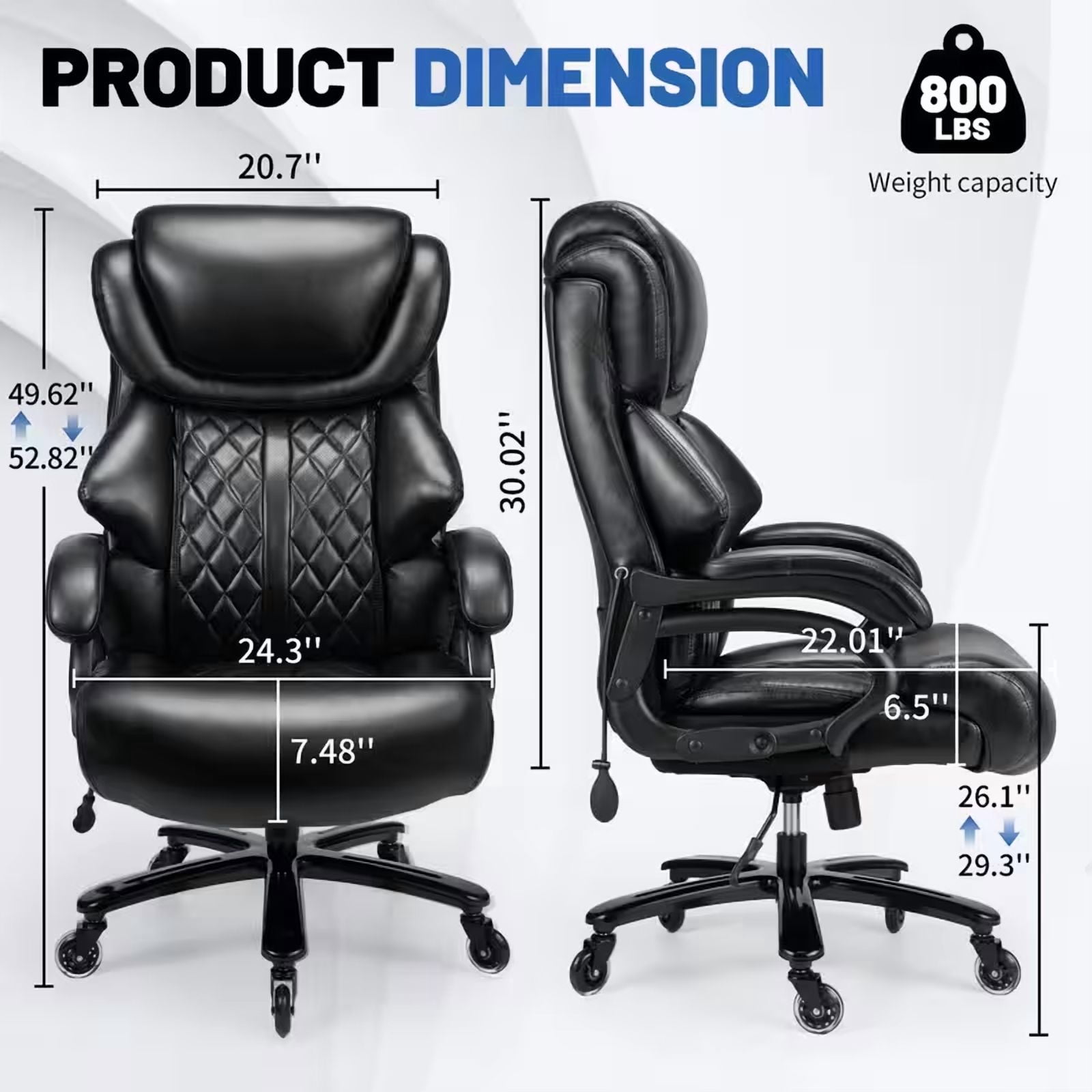 Qusaphy 800LBS Big and Tall Executive Office Chair, PU Leather Ergonomic Desk Chair with Adjustable Backrest and Thick Padded Cushion, Heavy Duty Chair for Home or Office Black