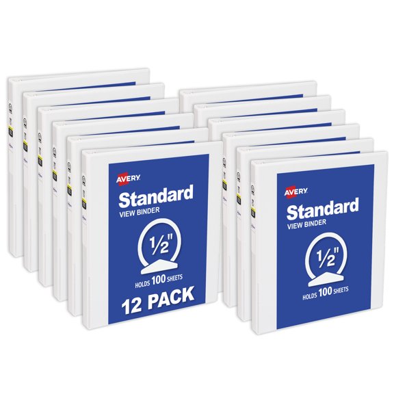 Avery Standard View Binder, 0.5" Round Rings, White Binder (05706) - 12 Pack
