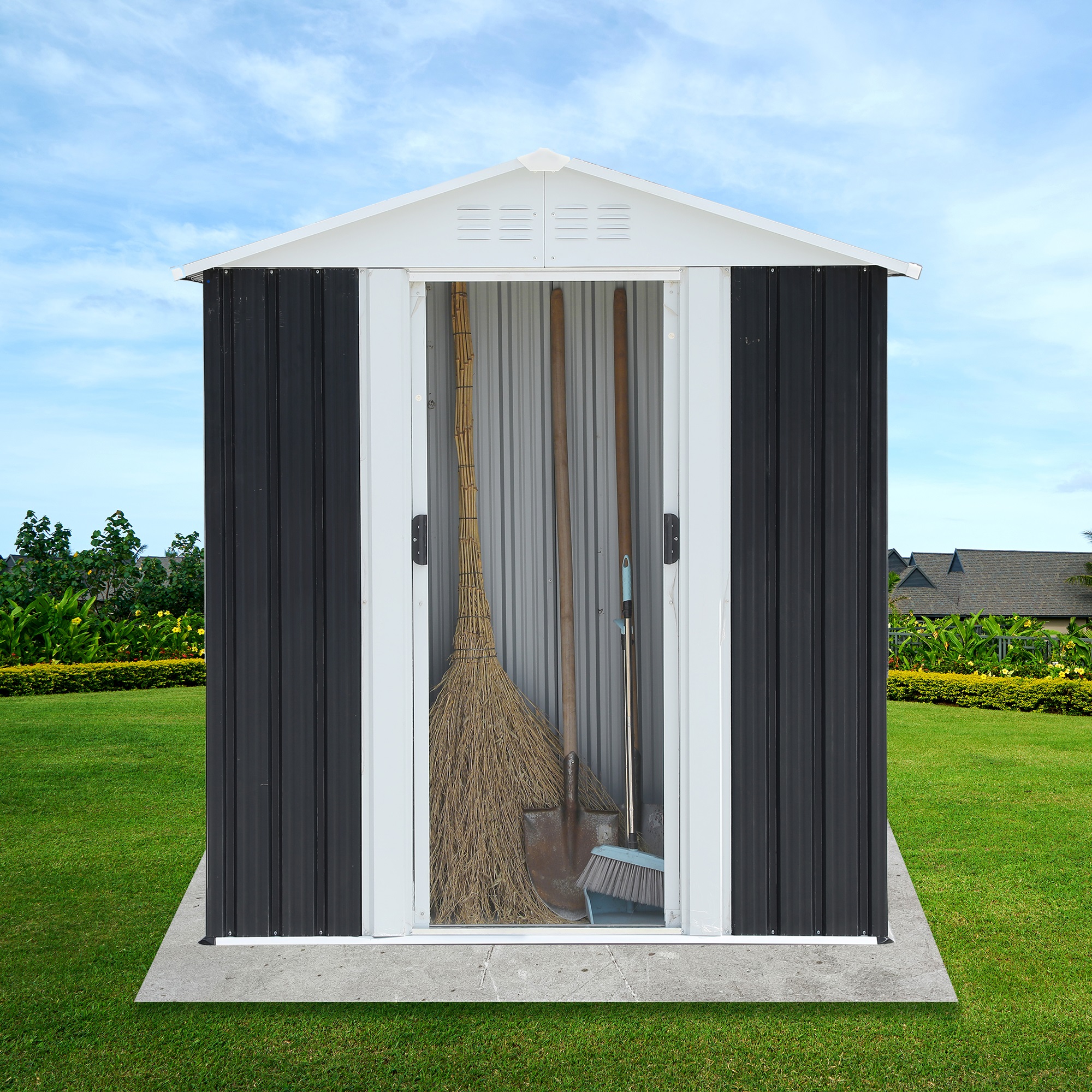 5x3ft  Waterproof Metal Outdoor Garden Storage Shed with Sliding Doors&Apex Roof