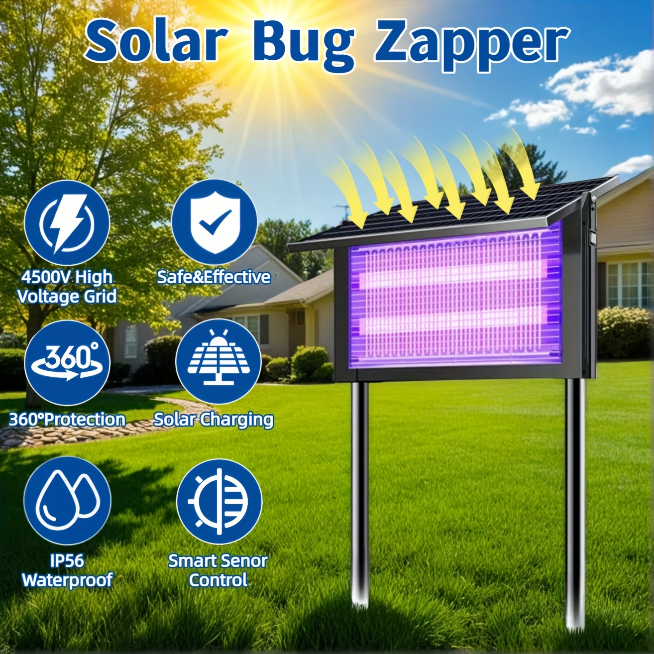 4500V Solar Mosquito Zapper - 4000mAh Battery, IP56 Waterproof, Metal Shell - 3 Placement Options & 2 Modes for Garden/Patio - Fast Shipping