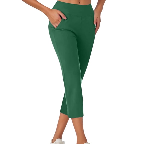 HNMKIU Knitted Slim Pull on Elastic High Waisted Capri Leggings with Pockets for Women Abdominal Control and Work Yoga Pants Women 02_Green,L