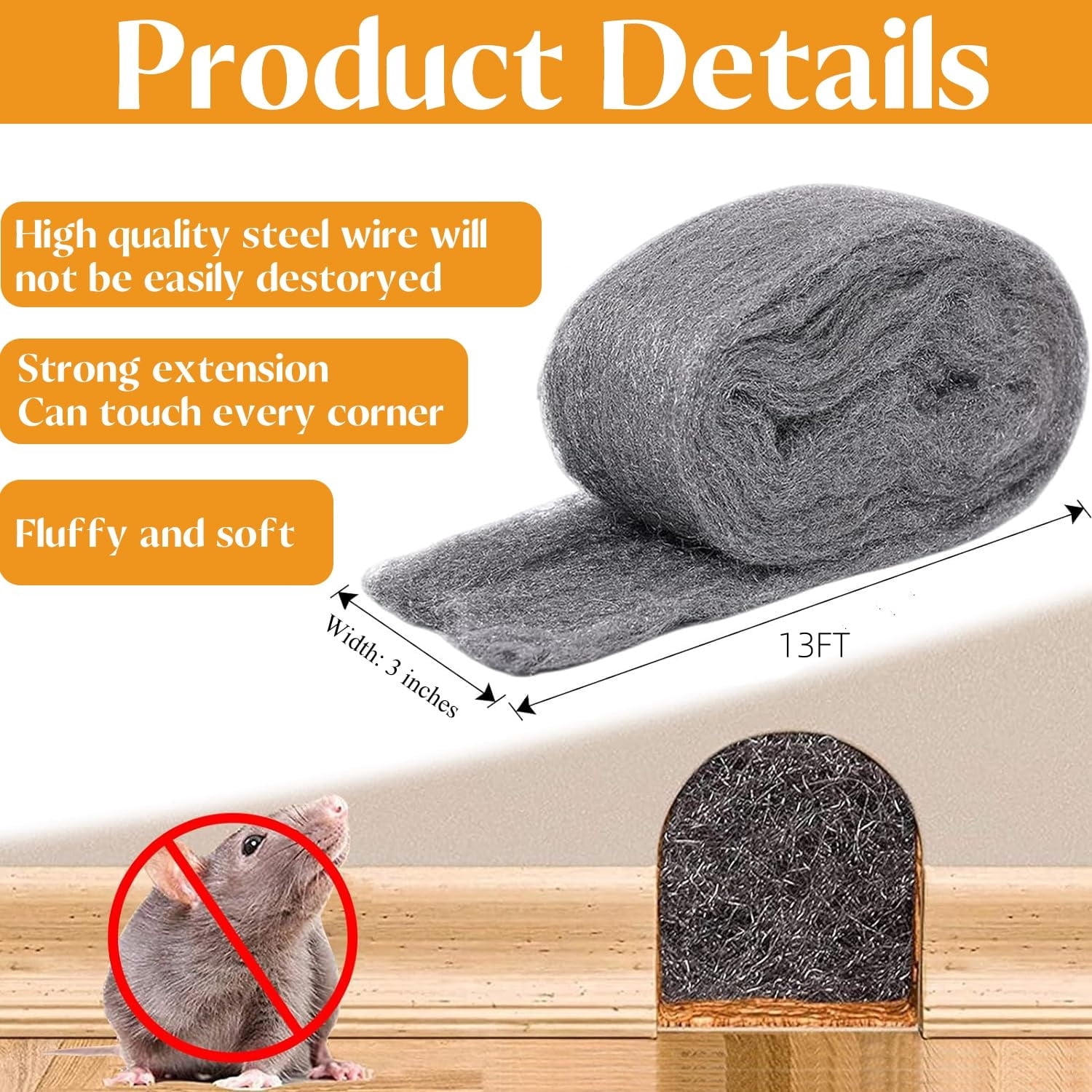 4 Pack Hole Filler for Mice Control,3"x13 Ft Steel Wool Mice Control,Wire Mesh Roll Hole Filler,Rodent Control Fill Fabric for Holes,Wall Cracks,Pipeline