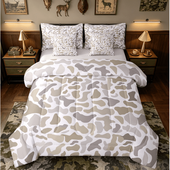 Homewish Retro Camo Camouflage 7-Piece Twin Bedding Sets,Rustic Farmhouse Bedding Comforter Set,Gray Brown Sheet Sets For Teens,Microfiber Bedroom Decor Reversible