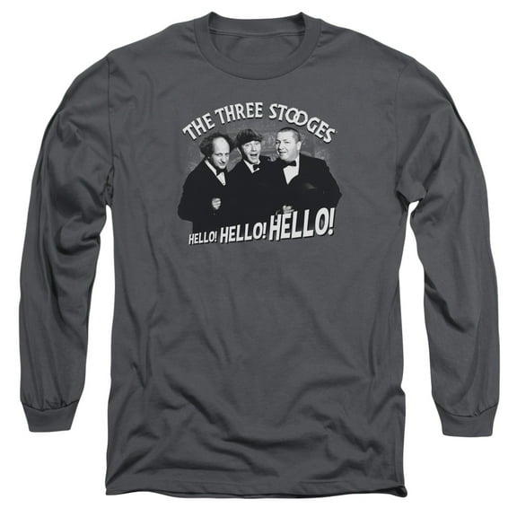 Three Stooges Hello Again Long Sleeve Adult 18/1 T-Shirt Charcoal