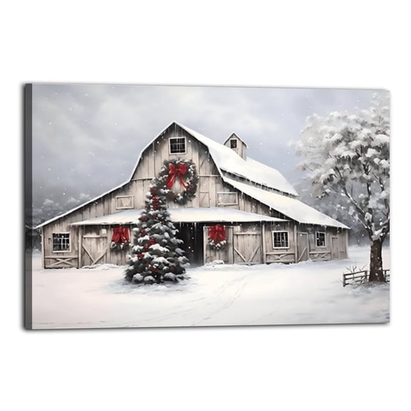Framed Christmas Cottage Snowy Winter Scene Canvas Wall Art for Home Décor, Festive Holiday House Painting with Christmas Tree And Red Door,Ready to Hang Christmas Art