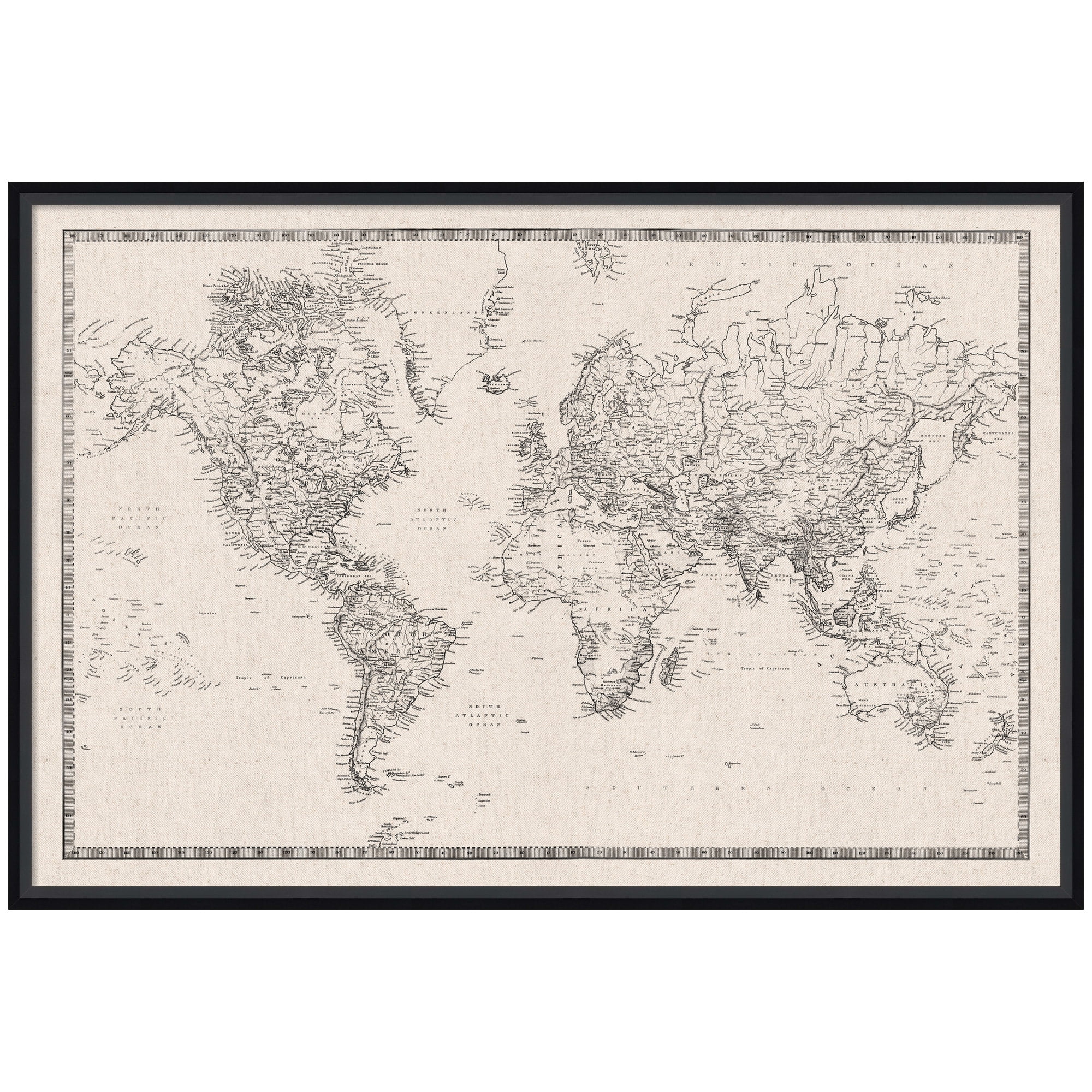 Kate and Laurel Framed Fabric Pinboard 37 x 25, Vintage Black and White Linen World Map Printed Linen Modern Bulletin Board for Use as a Vision Board or Wall Organization, Lucie Black Frame