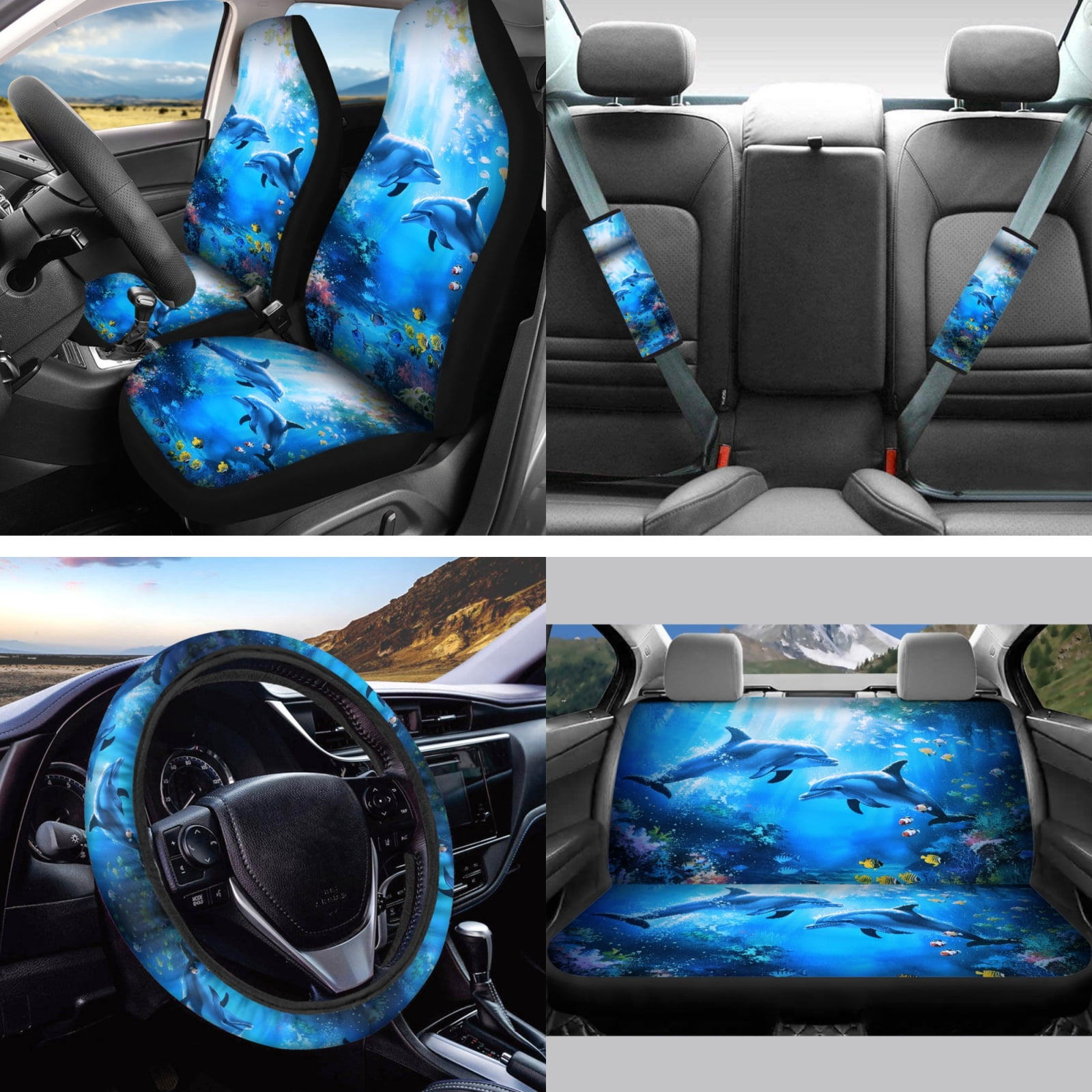 Jeiento Dolphin Car Interior Accessories Full Set Car Seat Covers Steering Wheel Covers Seat Belt Covers Trash Can Coasters Auto Rear View Mirror Covers Keychains Lipstick Covers 13pcs Blue Ocean