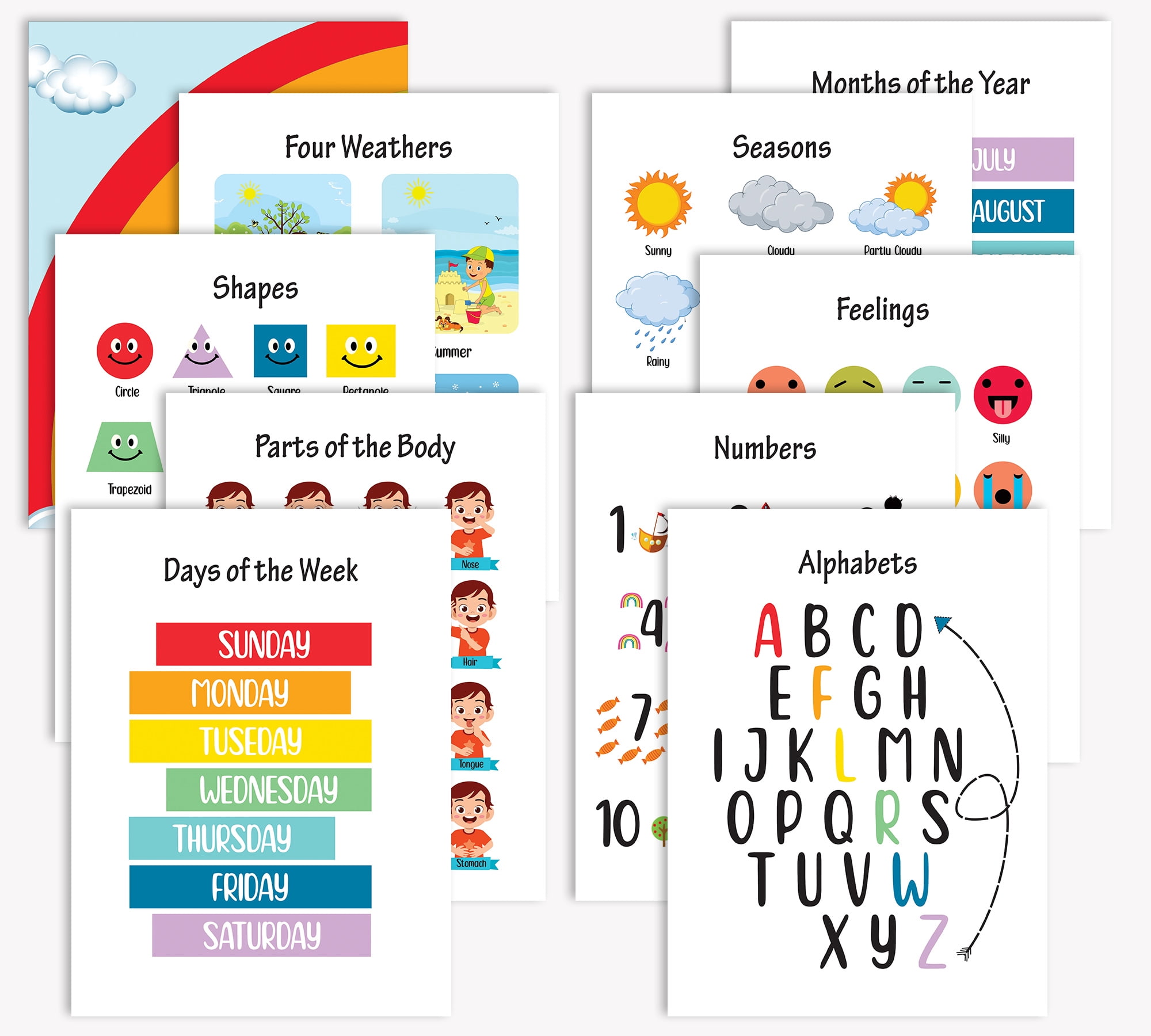 Traceease 10 Educational Posters for Classroom Decor & Kindergarten Homeschool Supplies Baby, Laminated Preschool Learning Chart Materials - ABC Alphabet, Numbers, Shapes,Feelings,Weathers
