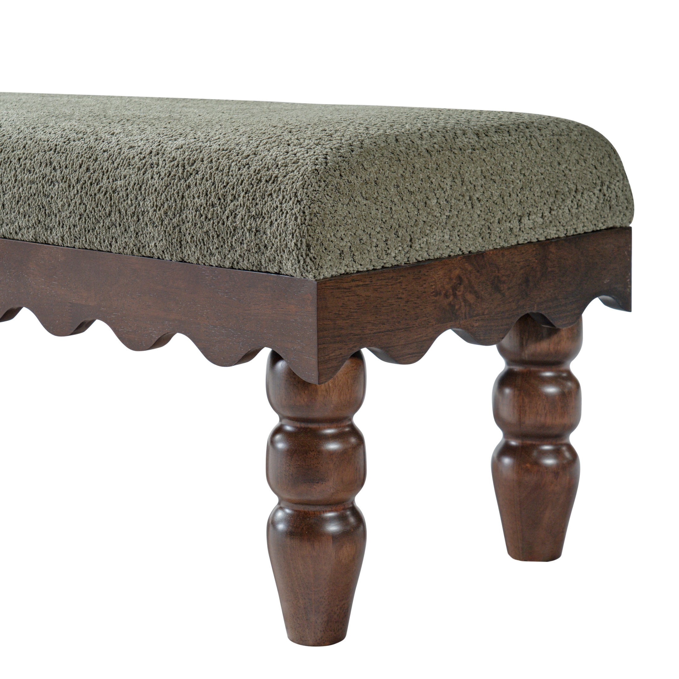Christopher Knight Home Vintage Boucle Fabric Bench, Wave Trim Ottoman with Solid Wood Legs, Olive Green