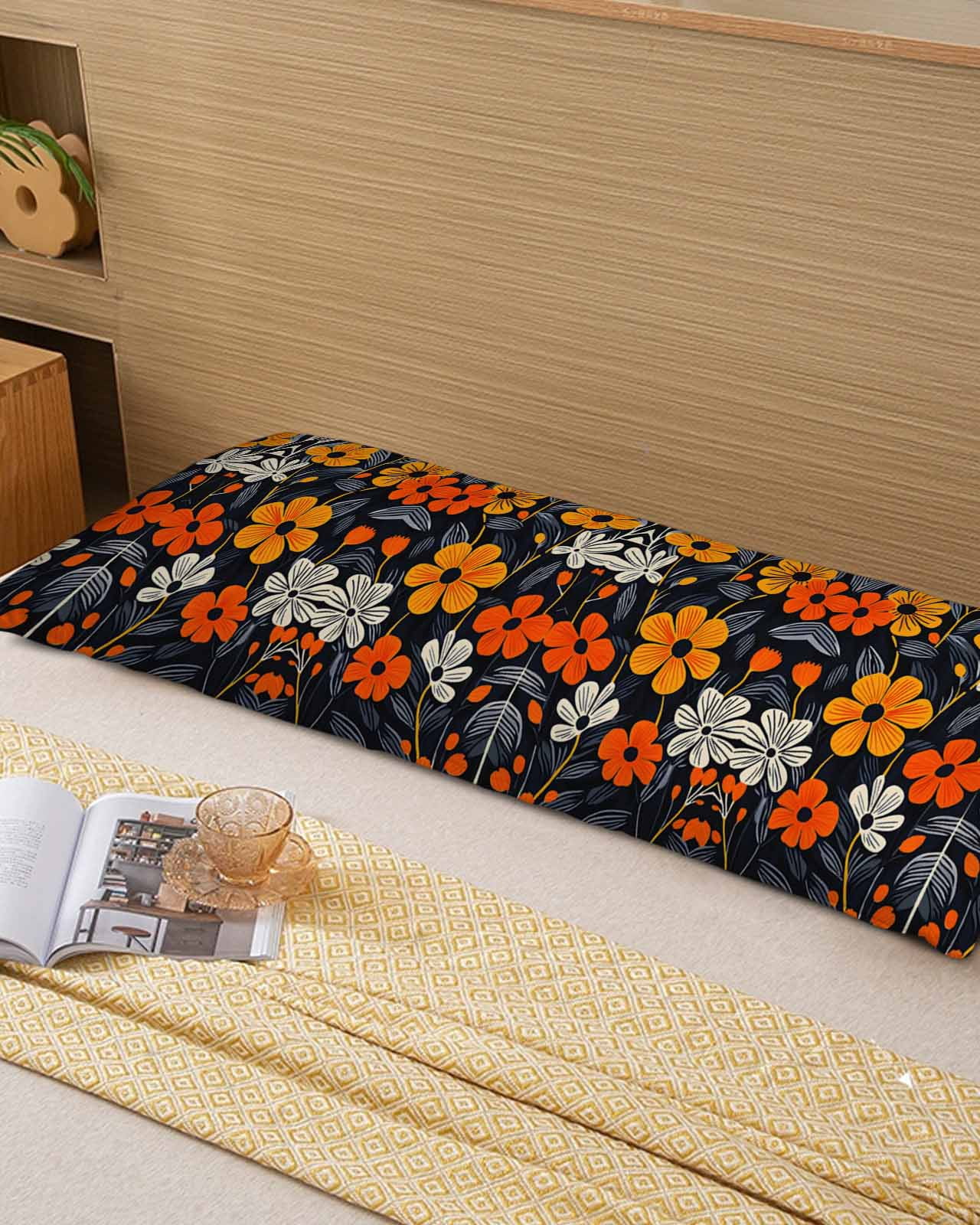 Orange Spring Floral Body Pillow Cover 20 x 60 Inch Decorative Pillow Cover Black Summer Botanical Leaf Lumbar Pillowcase Seasonal Rectangle Cushion Case for Couch Sofa Bed Living Room