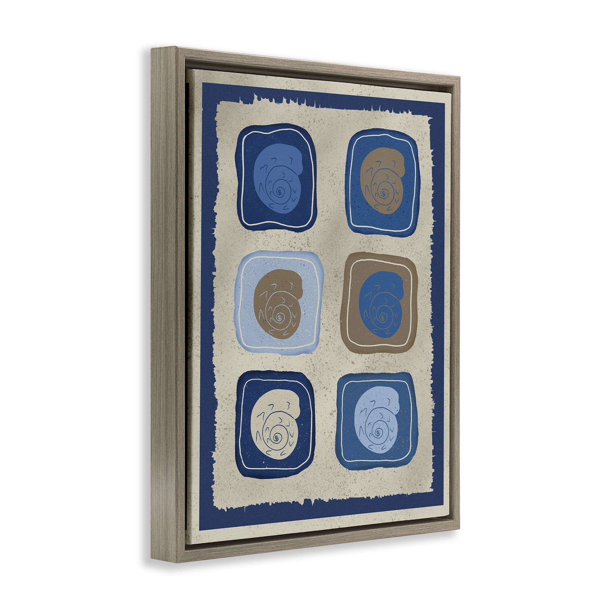 Stupell Industries Blue Blocked Nautilus Brown Framed Floater Canvas Wall Art, design by Julia Frost