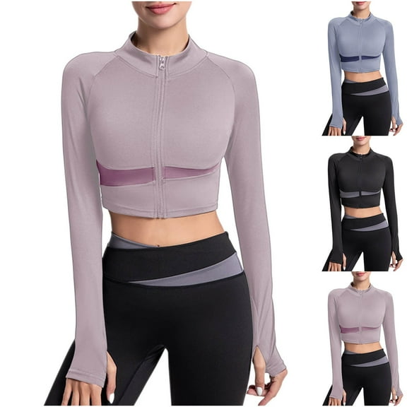 USSUMA Womens Zip Up Crop Workout Jackets Stand Collar Long Sleeve Slim Fit Yoga Athletic Tops with Thumb Holes up to 45% Off