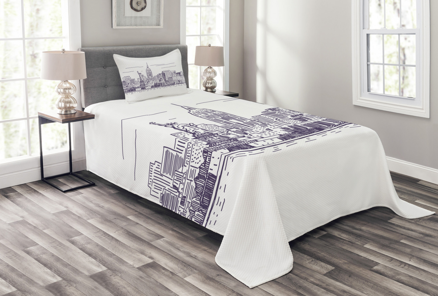New York Bedspread Set Twin Size, Sketchy Simple View of NYC Statue of
