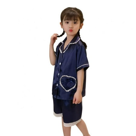 

Kids Girls Boys Ice Silk Short Sleeves Pajamas Set Little Girl Cute Sweet Lace Big Child Home Clothes Set
