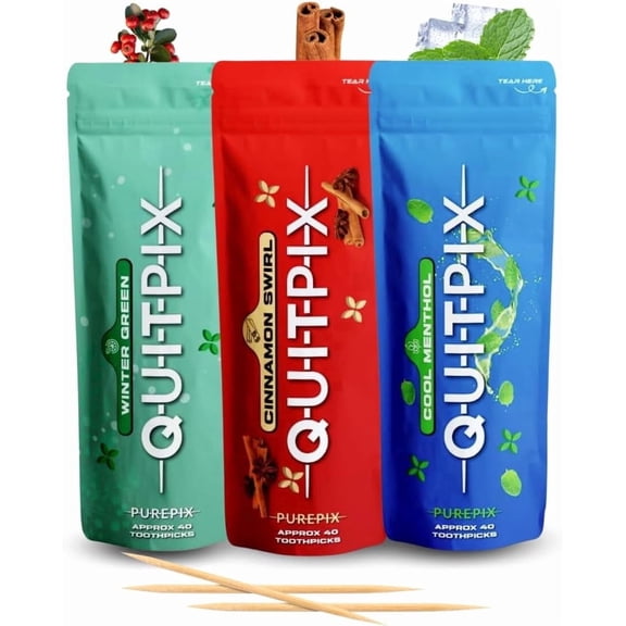 QuitPix Flavored Toothpicks, Extra Thick Birchwood Sticks with NAC and L-Theanine, Nicotine Free, Kosher and Vegan, 3 Flavor Variety Pack, 40 Sticks Each (120 Total)