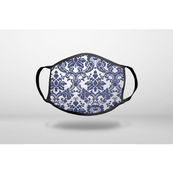 Blue Grey Damask - 3-Ply Reusable Soft Cloth Face Covering, Unisex, Cotton Inner Layer