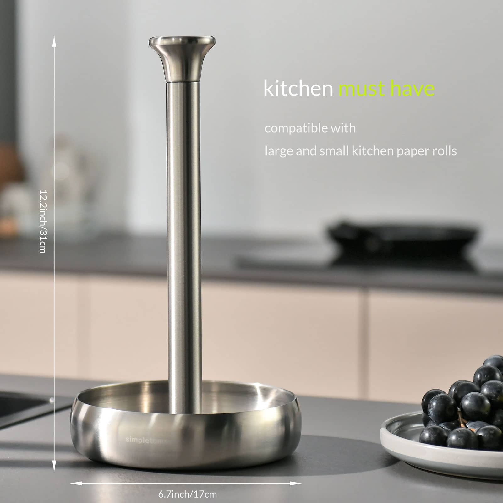 simpletome Paper Towel Holder Countertop ONE HAND Tear Keep It Rolled Up Weighted Base