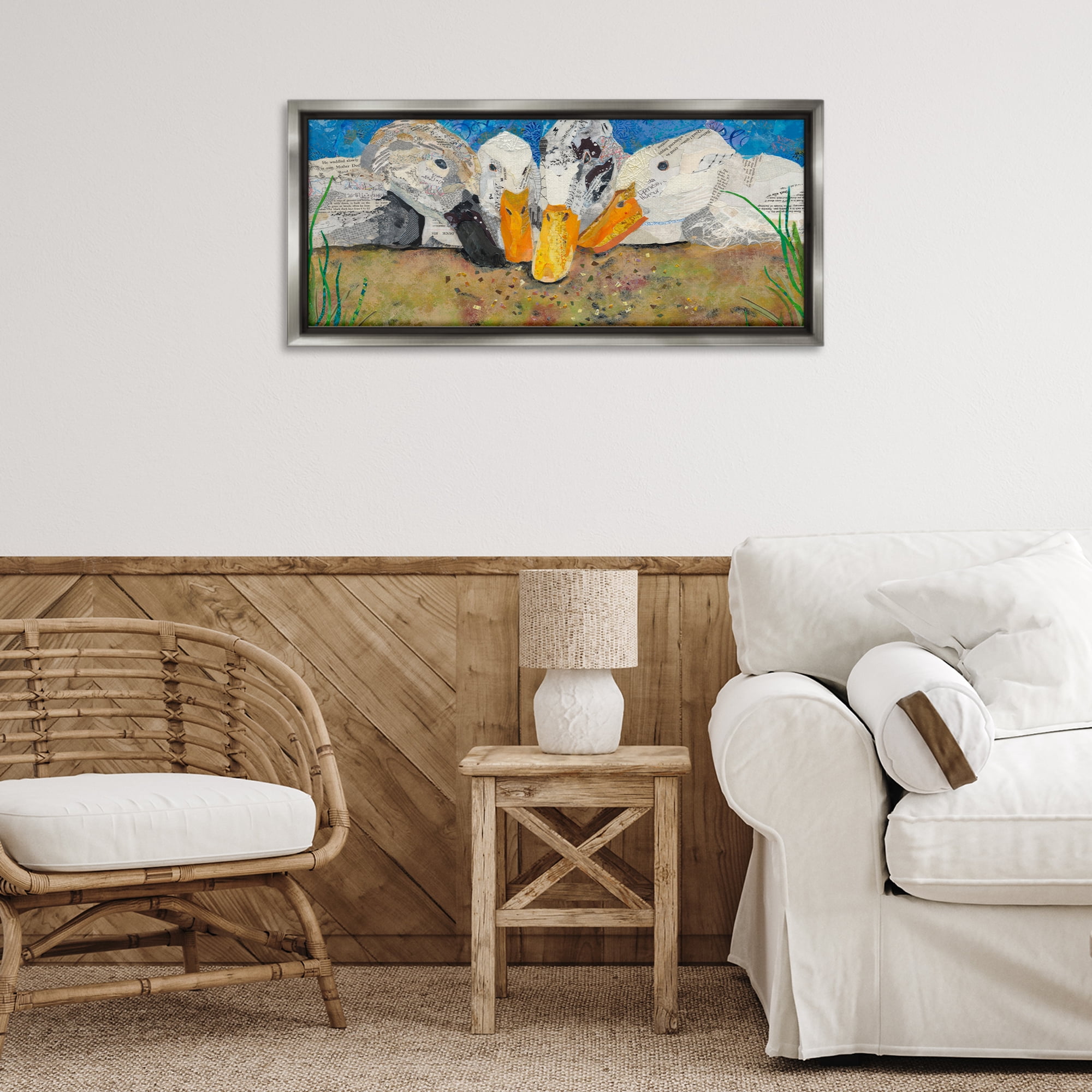 Stupell Industries Just Ducky Collage Animals Painting Gray Floater Framed Canvas Art Print Wall Art, 31 x 14