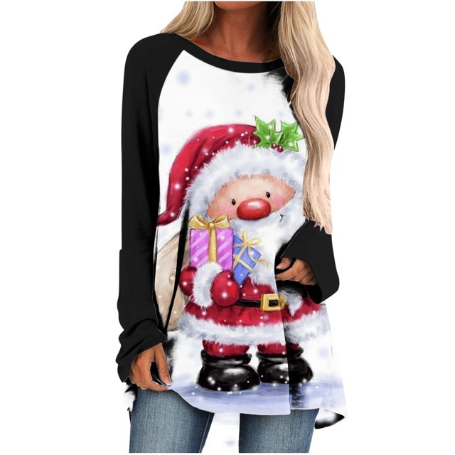 Camiseta de manga larga con cuello redondo y estampado navideño para mujer Pompotops qwe24208