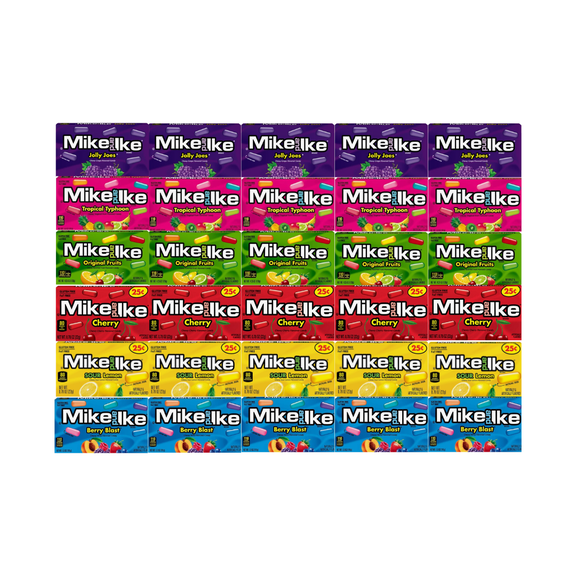 Variety Pack Mike and Ike Candy, Assorted Fruity Chewy Candy, Includes Jolly Joes, Tropical Typhoon, Original Fruits, Cherry, Sour Lemon, Berry Blast, 5 of Each Flavor, 30 Pack, 0.78 oz per Box