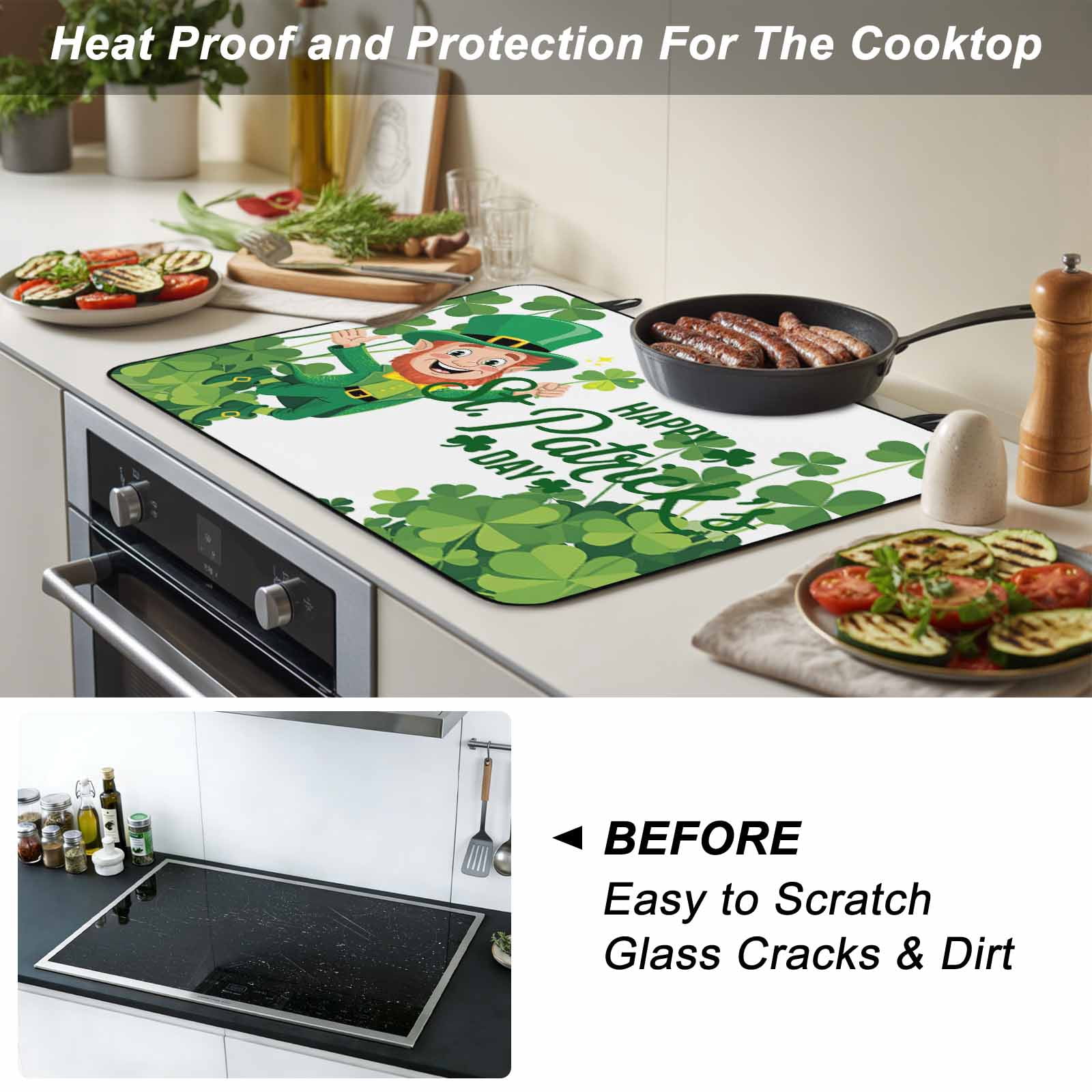 Happy St. Patrick's Day Stove Top Cover for Electric Stove, Heat-proof & Non Slip Glass Top Stove Cover Protector, Cartoon Green Elf Lucky Shamrock Kitchen Flat Cooktop Rubber Mat 24x21 Inches