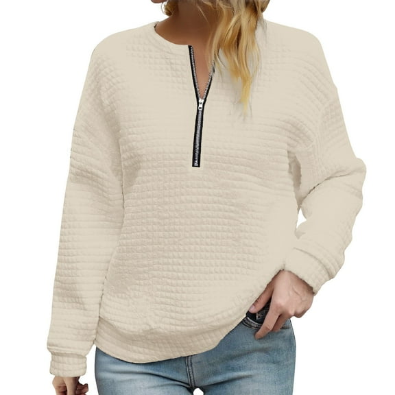 Comdrip Quarter Zip Women, Women' V Neck Pullover Top Zipper Waffle Knit Long Sleeve Sweatshirt Top Soft Sweatshirts Loose Pullover Tops Womens Pullover Beige L
