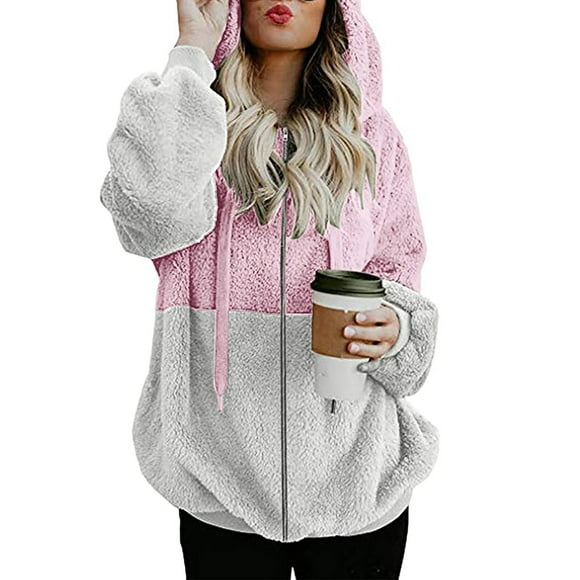 Meihcang Zip Up Hoodie Women Trendy Color Block Fuzzy Hoodie Soft Long Sleeve Fleece Hoodie Loose Fit Casual Sherpa Hooded Jacket Pink XXL