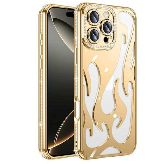 for iPhone 15 Plus Case with Diamond Frame & Hollow-out Back, Ultra Slim Lightweight PC Protective Phone Cover, Glitter Skin-Friendly Shockproof Cooling Design, Heat Dissipation, Gold
