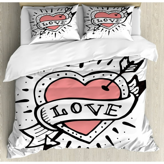 Old School Duvet Cover Set Queen Size, Nostalgic Tattoo Like Image with Heart and Love Written Ribbon, Decorative 3 Piece Bedding Set with 2 Pillow Shams, Charcoal Grey White Coral, by Ambesonne