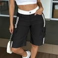 thumbnail image 4 of Womens Long Cargo Shorts Knee Length Elastic Waist Side Stripes Trendy Streetwear Summer Casual Utility Shorts Black M, 4 of 6