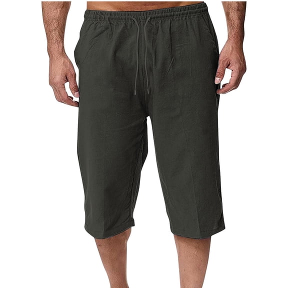 VSSSJ Mens Capri Pants Loose Fit Cotton Linen Casual Drawstring Elastic Waist Straight Leg Breathable Summer Outdoor Beach Cropped Pants Dark Gray XXL