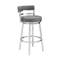 Counter Height Barstool - Modern Grey Faux Leather Seat - 26 Inch - Brushed Stainless Steel Finish