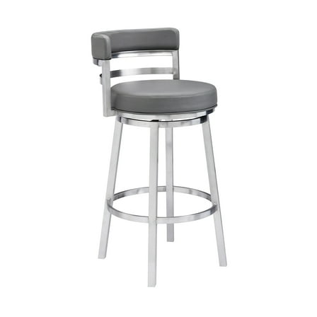 Counter Height Barstool - Modern Grey Faux Leather Seat - 26 Inch - Brushed Stainless Steel Finish